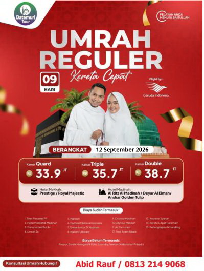 Umrah Reguler 9 Hari, Kereta Cepat, Btt Ahz, Keberangkatan 12 September  2026